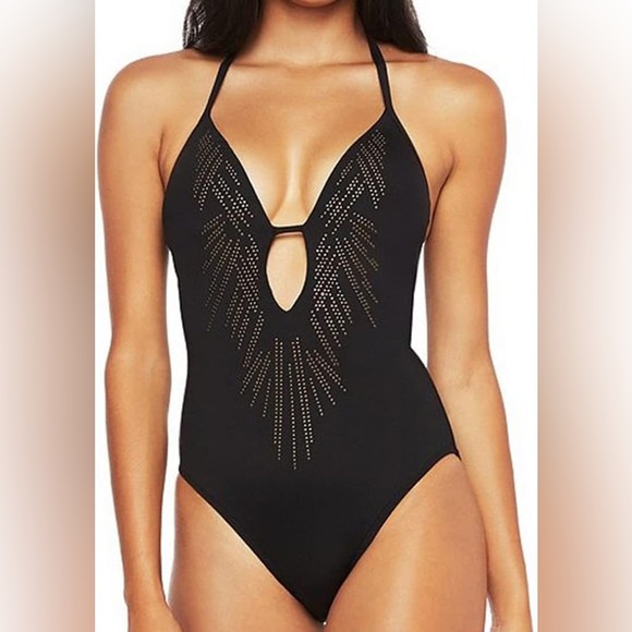 Kenneth Cole Halter Plunge one piece black gems tummy toner tie back swimsuit S - Picture 1 of 3